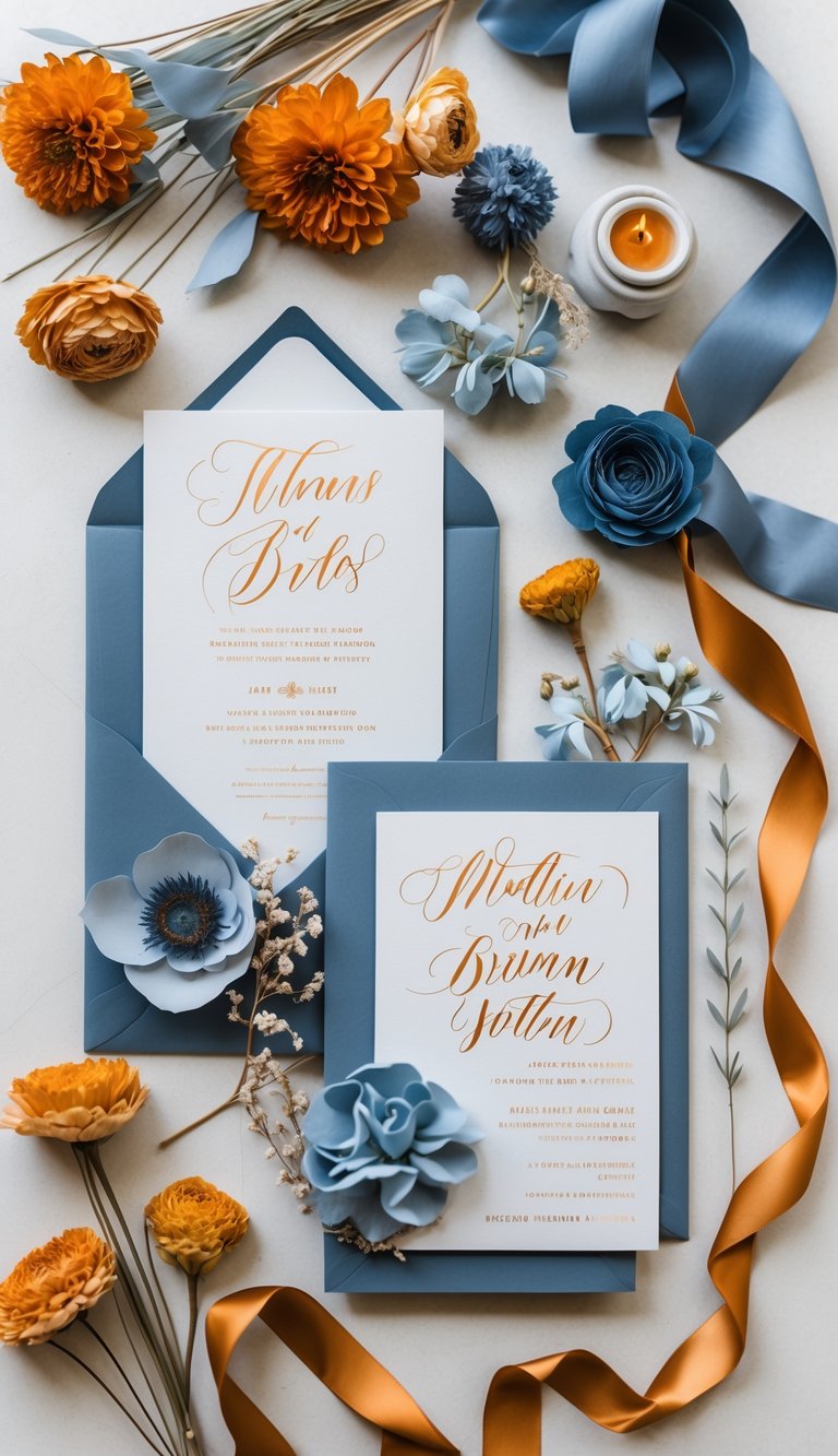 A flat lay of dusty blue wedding invitations with burnt orange calligraphy accents surrounded by matching ribbons, dried flowers, and table decor on a neutral background.